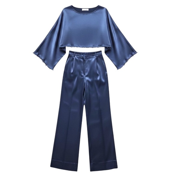 Nonchalant Label Navy Wide Leg Two Piece Set Large Chic Minimalist Quiet Luxury - Picture 3 of 10
